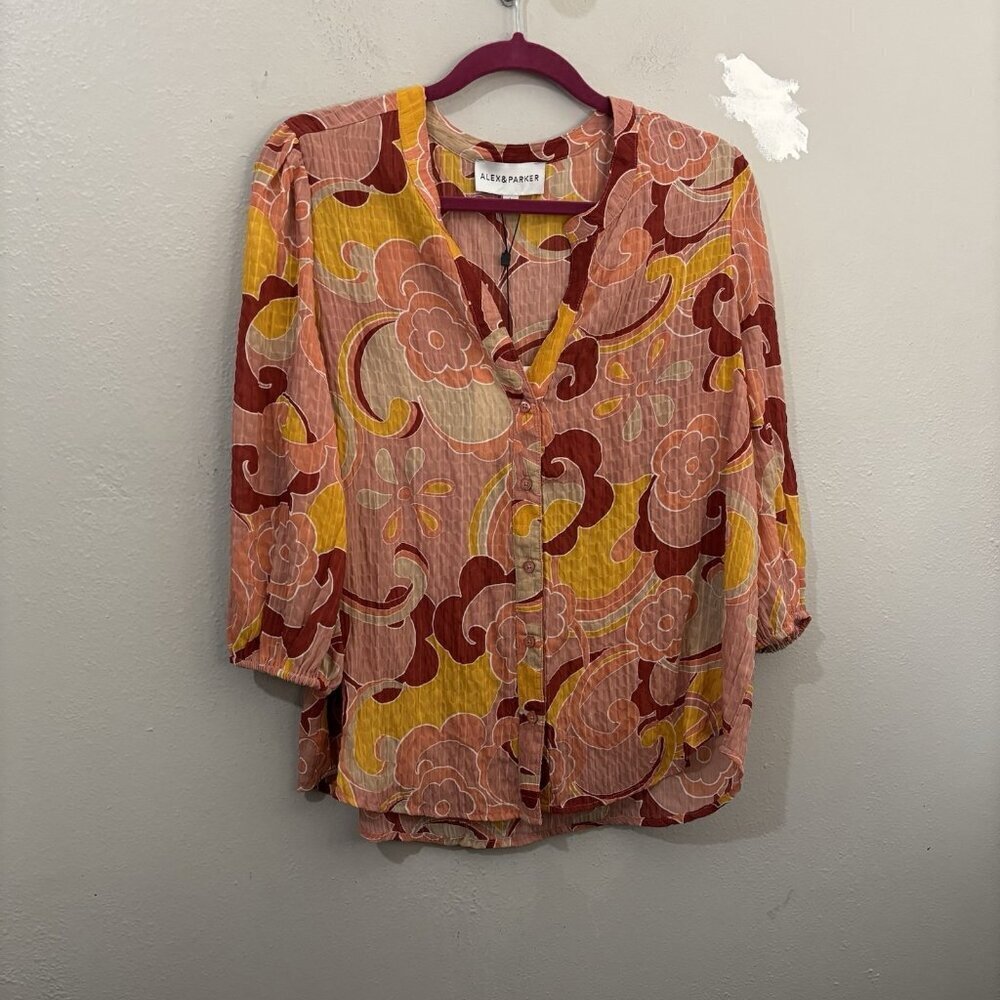 Alex & Parker  Floral Button Down Collared Gauze Crape  Shirt Women Large